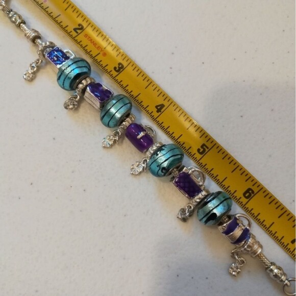(4) 925 Murano Glass Beads Enameled Bag Charm Silver Tone Slider Bracelet - Picture 8 of 8